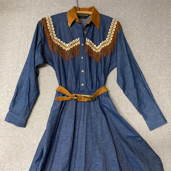 Vintage Size 3/4 Western Attitude By Lilia Smitty Chambray Fringed Cowgirl Dress - Picture 1 of 12